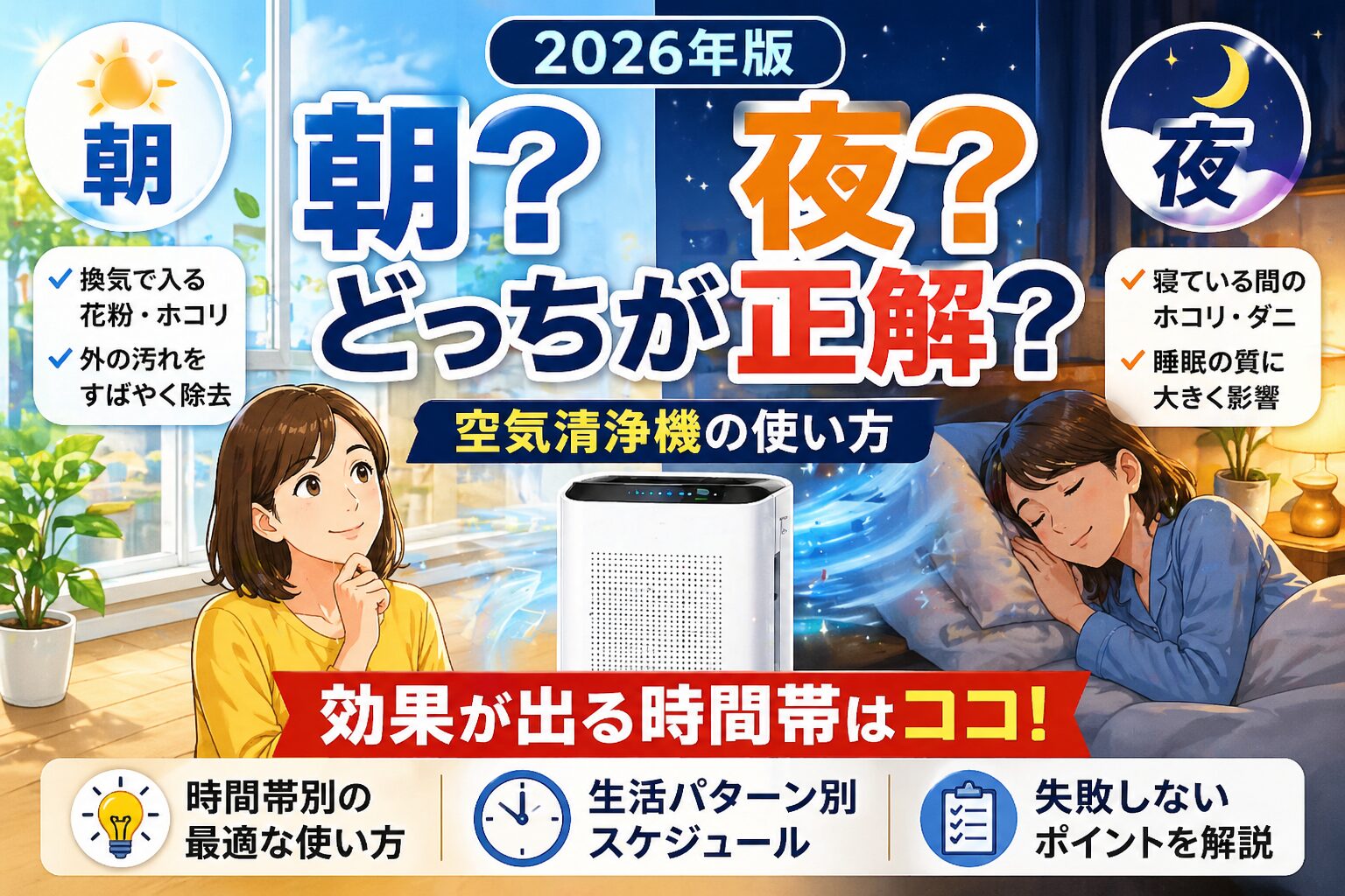 空気清浄機は朝と夜どっちに強く使うべき？効果が出る時間帯と正しい使い方【2026年】